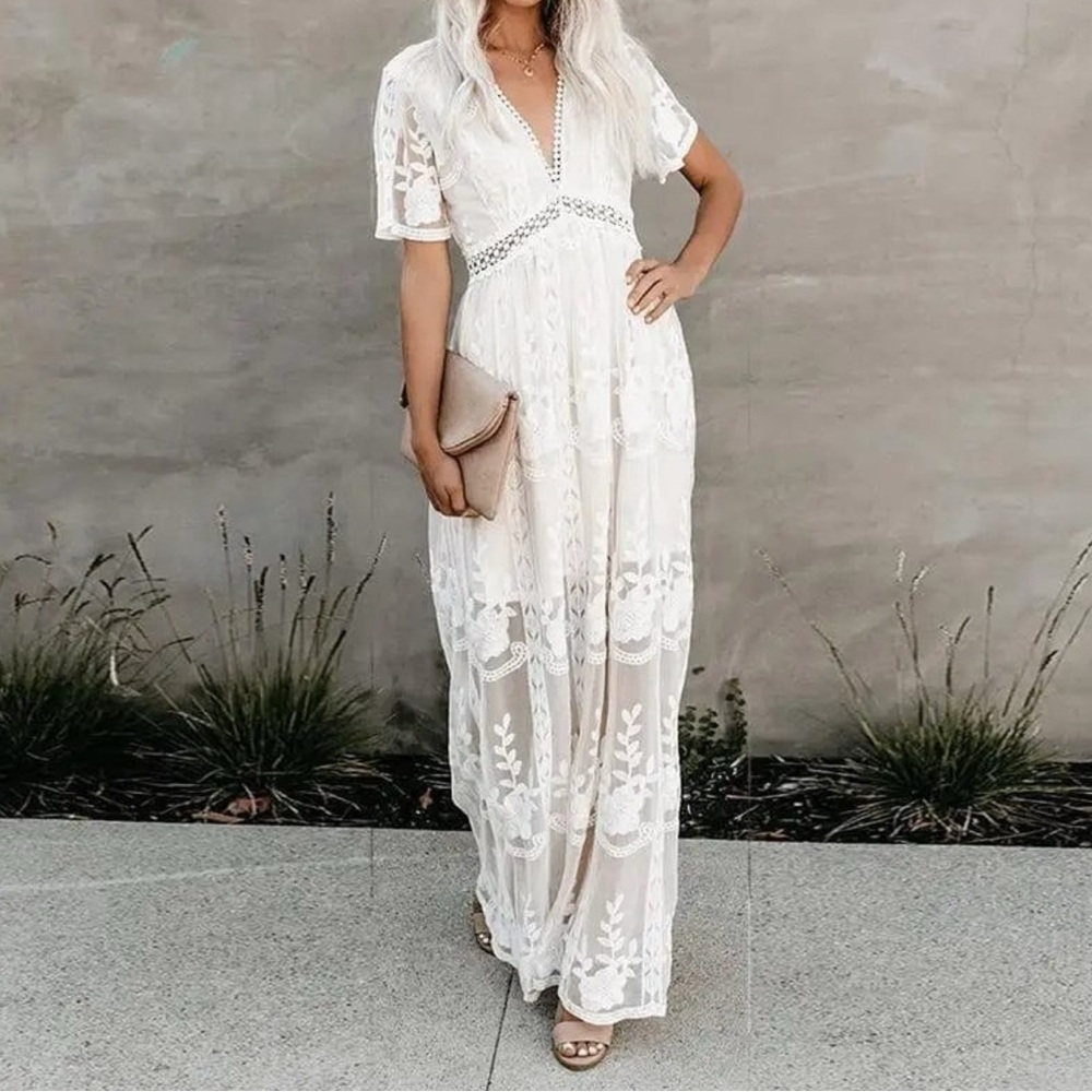 Ivory Floral Embroidered Lace Boho Maxi Dress Deep V-neck Fairycore Cottagcore.